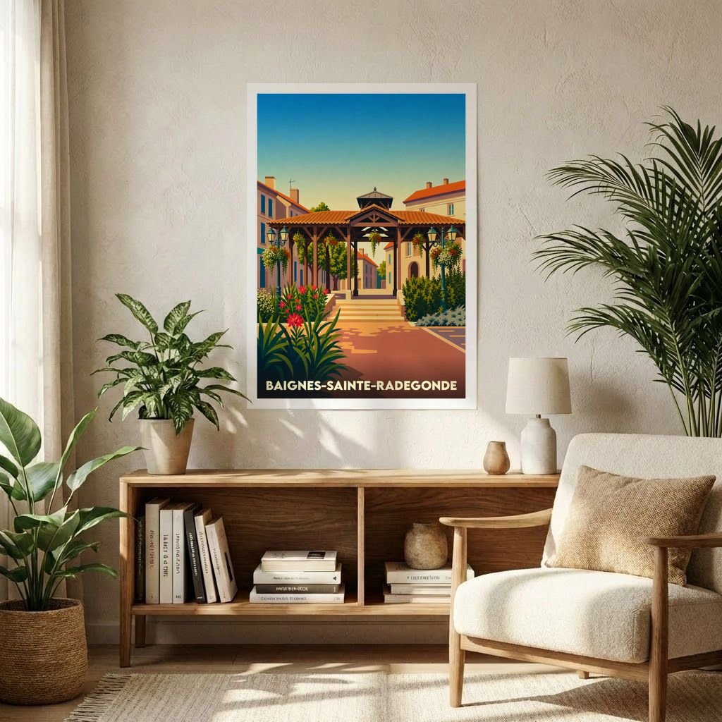 Affiche souvenir de la ville de Baignes-Sainte-Radegonde avec une illustration stylisée d'une place ensoleillée.