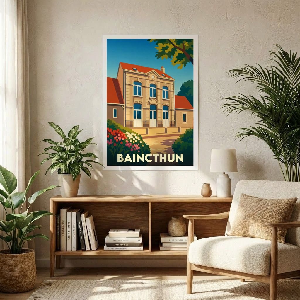 Affiche souvenir de la ville de Baincthun avec une illustration stylisée et colorée de la mairie.