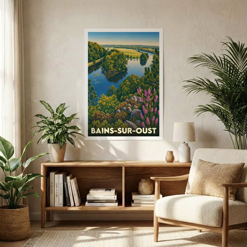 Affiche souvenir de la ville de Bains-sur-Oust avec une illustration stylisée d'un paysage naturel.