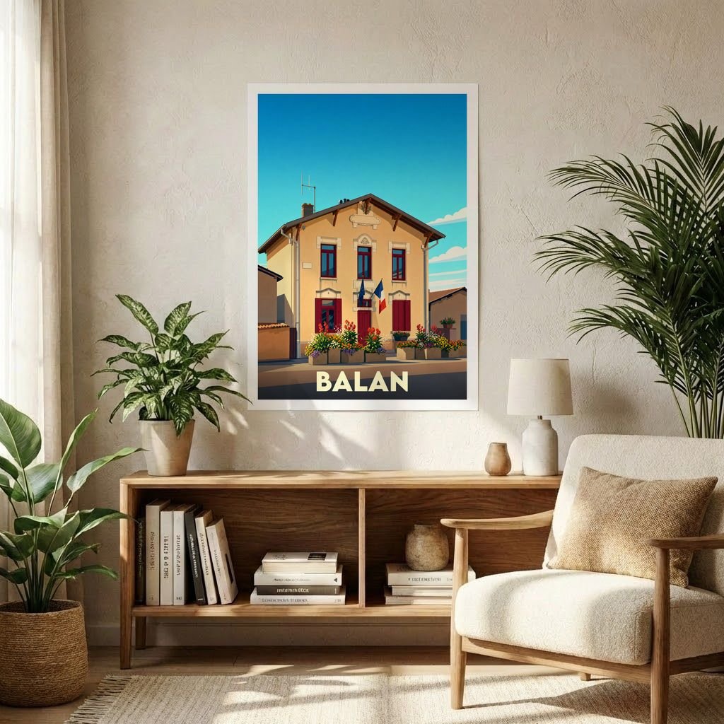 Affiche souvenir de la ville de Balan représentant son hôtel de ville dans un style graphique épuré et coloré.