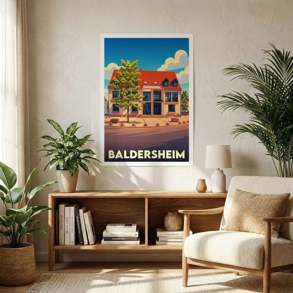 Affiche souvenir de la ville de Baldersheim avec une illustration stylisée d'un bâtiment remarquable.