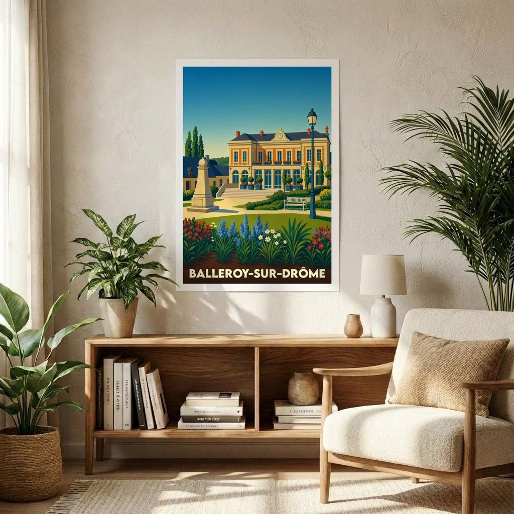Affiche souvenir de la ville de Balleroy-sur-Drôme avec une illustration stylisée.