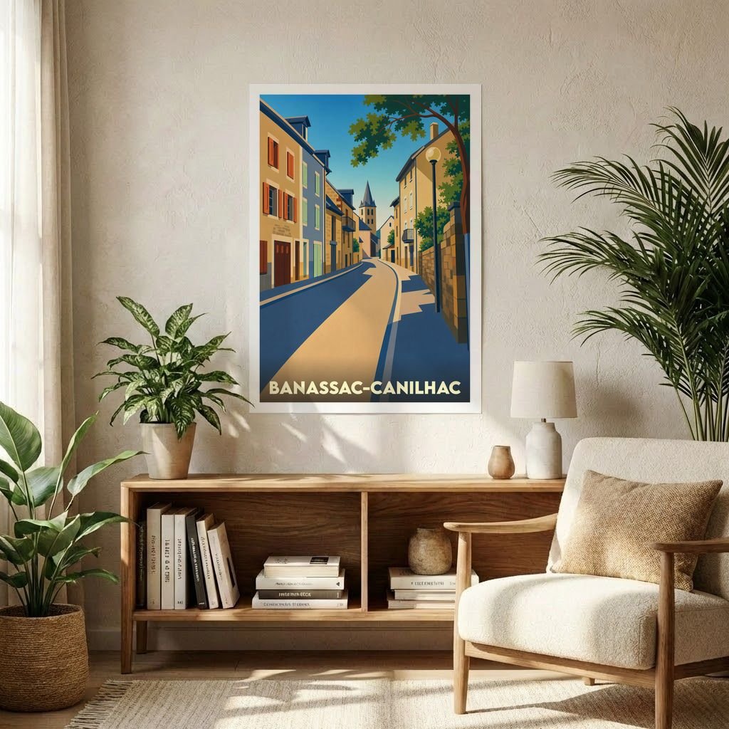 Affiche souvenir de la ville de Banassac-Canilhac avec une illustration stylisée d'une rue ensoleillée.