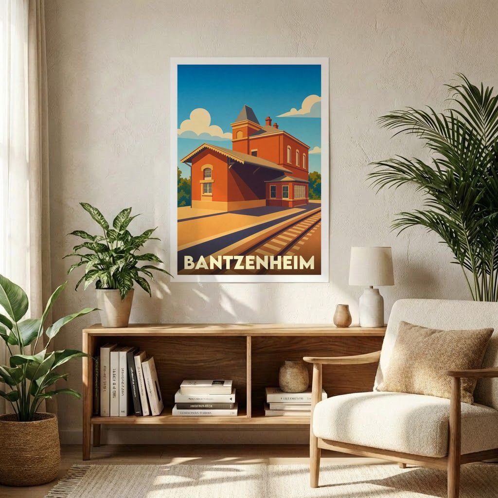 Affiche souvenir de la ville de Bantzenheim avec une illustration stylisée de sa gare vintage.