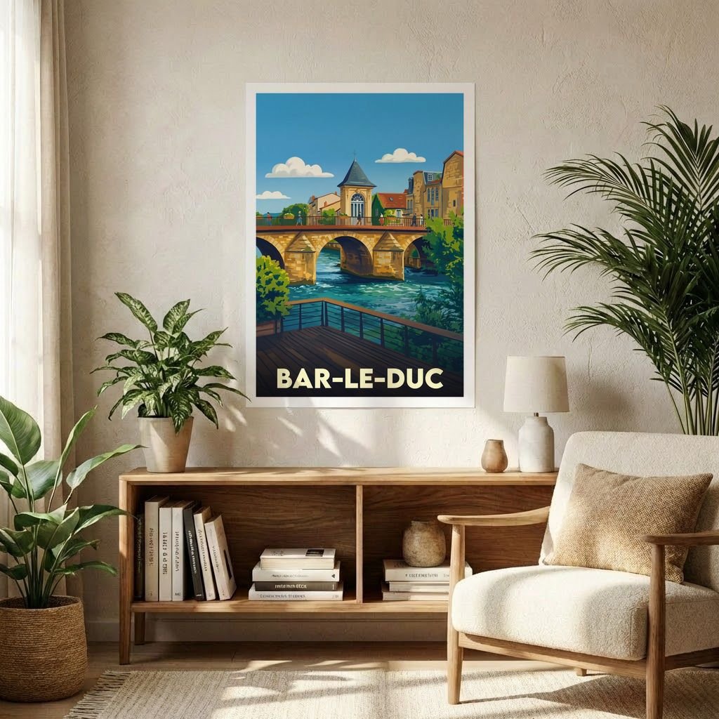Affiche souvenir de la ville de Bar-le-Duc avec une illustration stylisée.