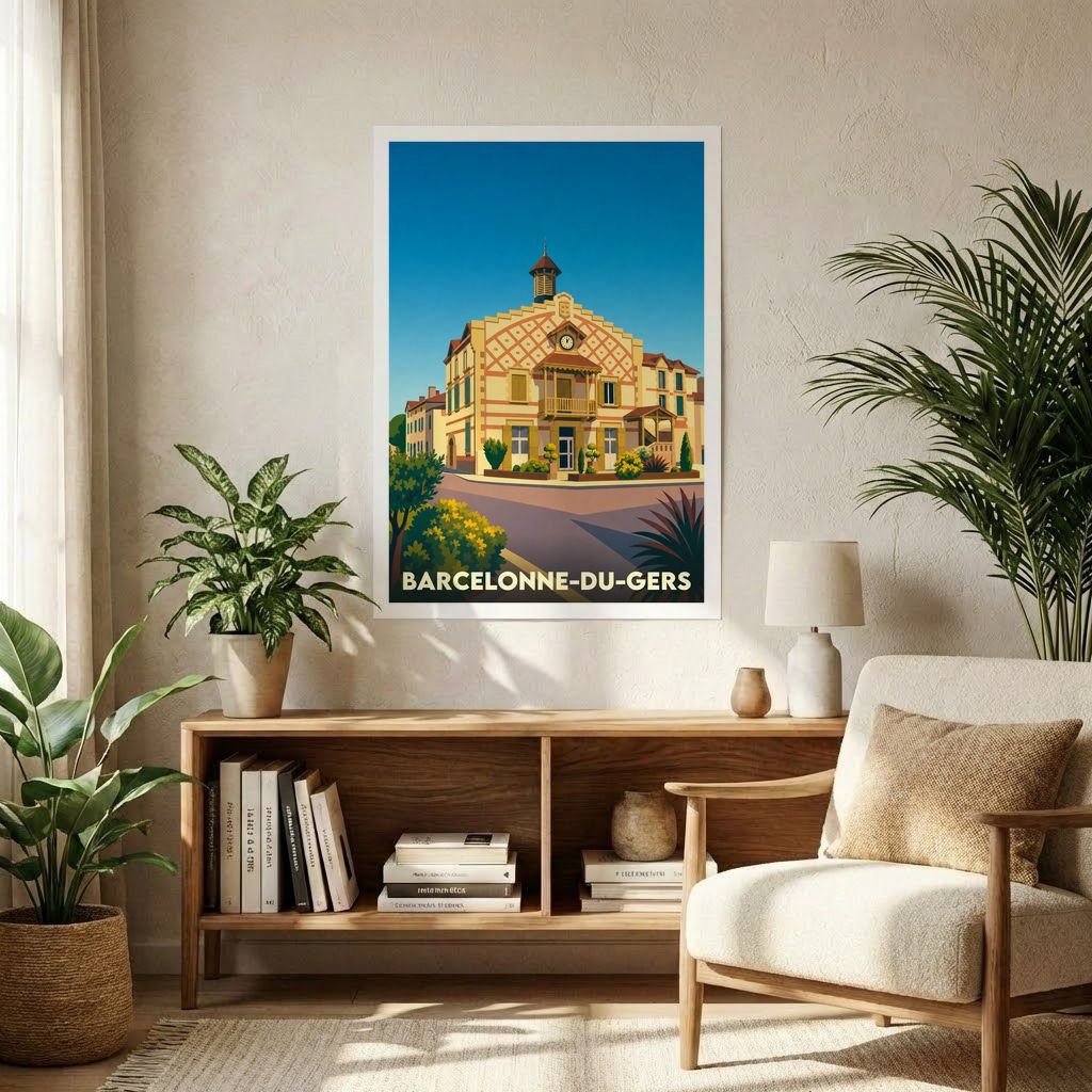 Affiche souvenir de la ville de Barcelonne-du-Gers avec une illustration stylisée.