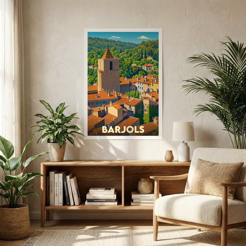 Affiche souvenir de la ville de Barjols présentant une illustration stylisée de ses toits provençaux et de son clocher.