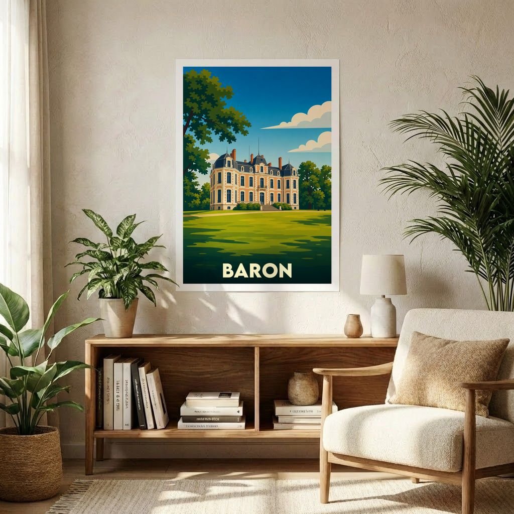 Affiche souvenir de la ville de Baron avec une illustration stylisée d'un château.
