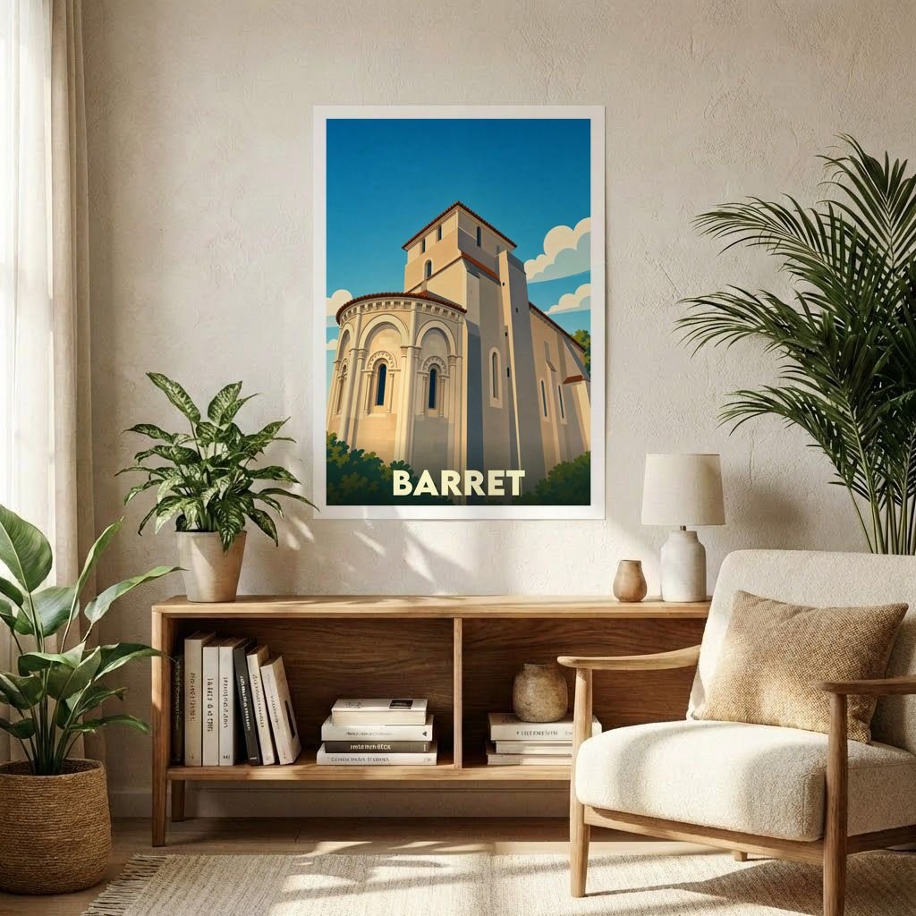 Affiche souvenir de la ville de Barret avec une illustration stylisée d'une église romane.