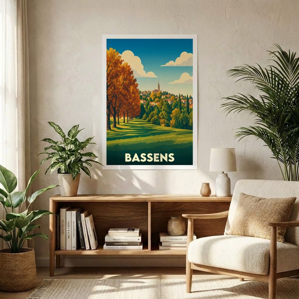Affiche souvenir de la ville de Bassens avec une illustration paysagère stylisée.