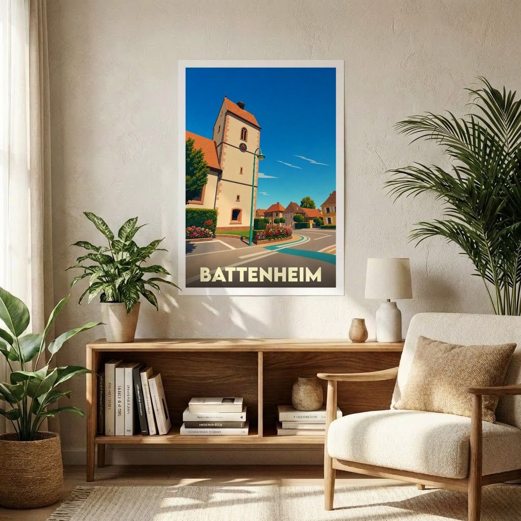 Affiche souvenir de la ville de Battenheim avec une illustration stylisée.