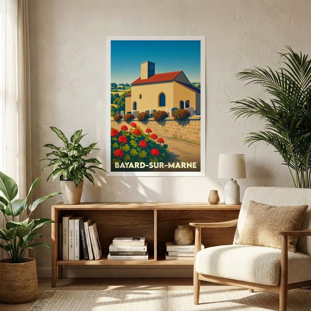 Affiche souvenir de la ville de Bayard-sur-Marne illustrant son église fleurie dans un style rétro.