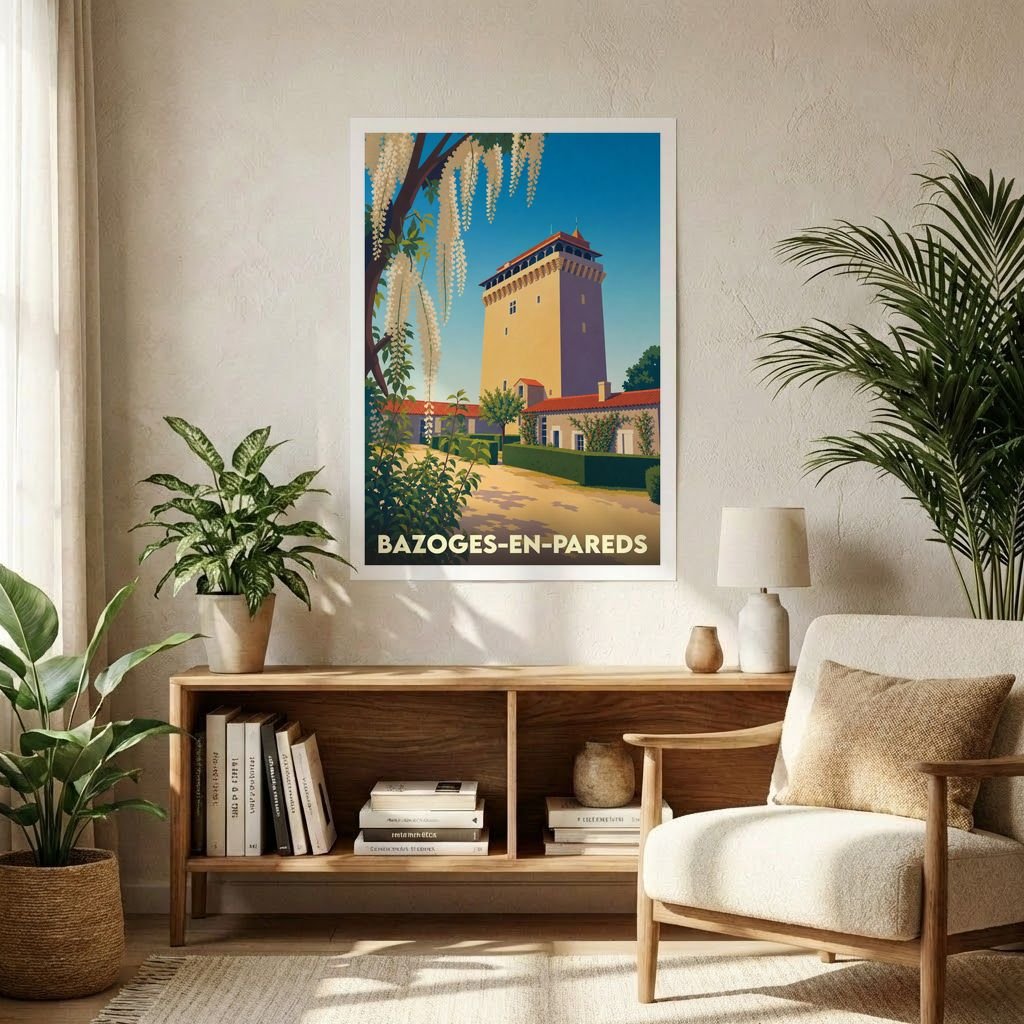 Affiche souvenir de la ville de Bazoges-en-Pareds avec une illustration stylisée d'un donjon médiéval.