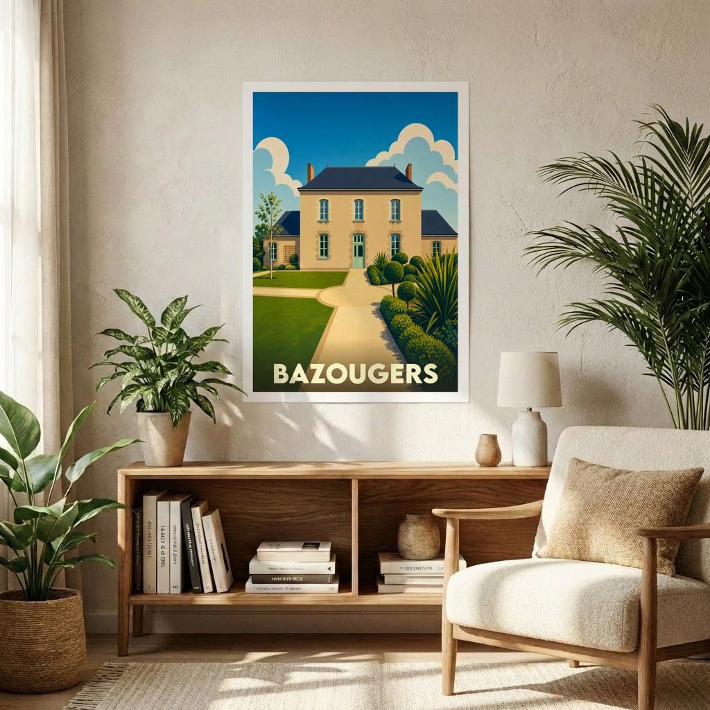 Affiche souvenir de la ville de Bazougers avec une illustration stylisée d'une maison de maître et son jardin.