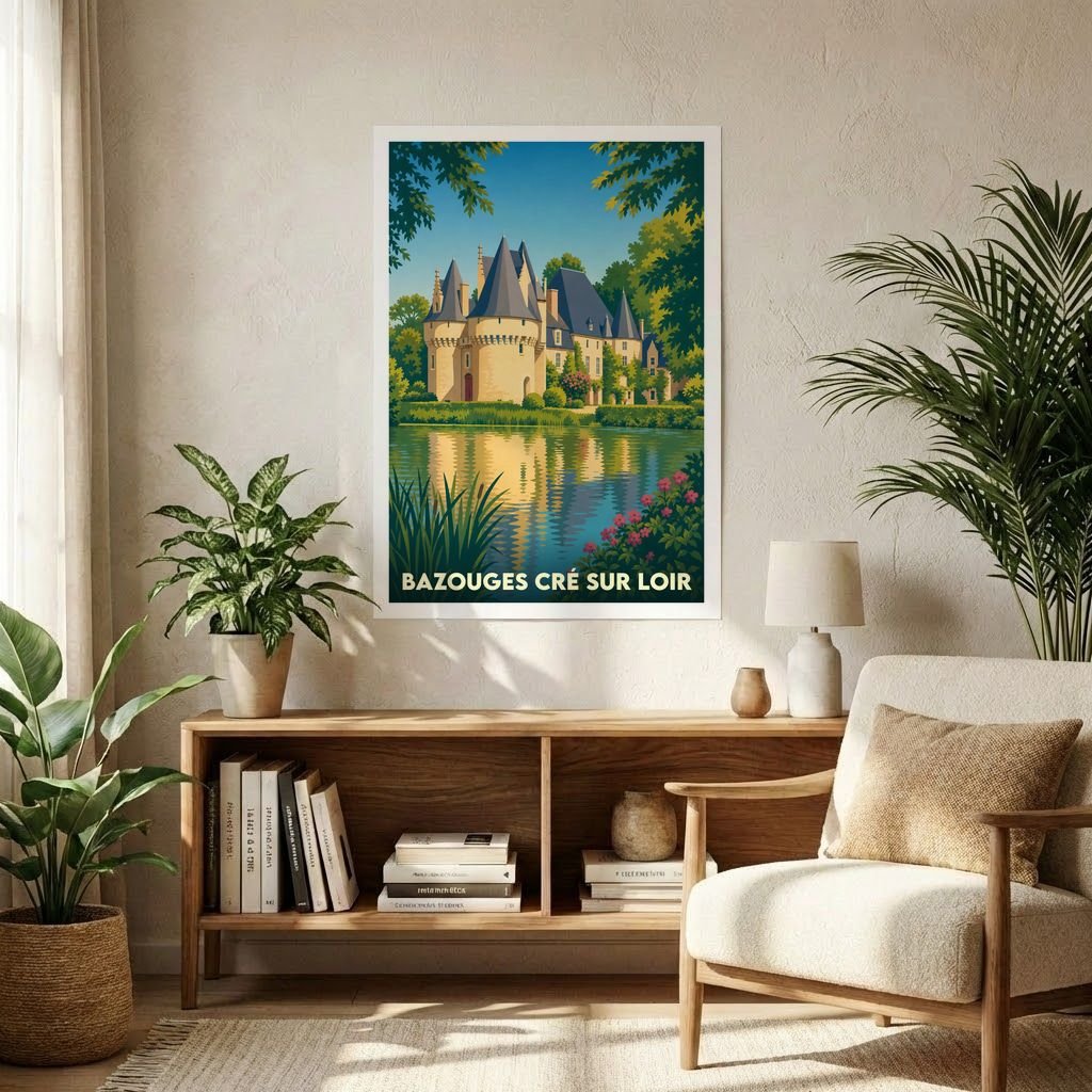 Affiche souvenir de la ville de Bazouges Cré sur Loir avec une illustration stylisée d'un château au bord de l'eau.