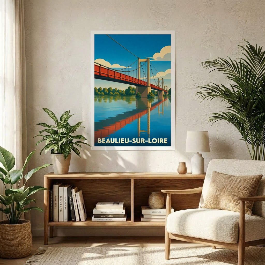 Affiche souvenir de la ville de Beaulieu-sur-Loire avec une illustration stylisée d'un pont suspendu se reflétant sur l'eau.