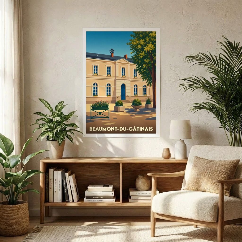 Affiche souvenir de la ville de Beaumont-du-Gâtinais avec une illustration stylisée de son architecture.