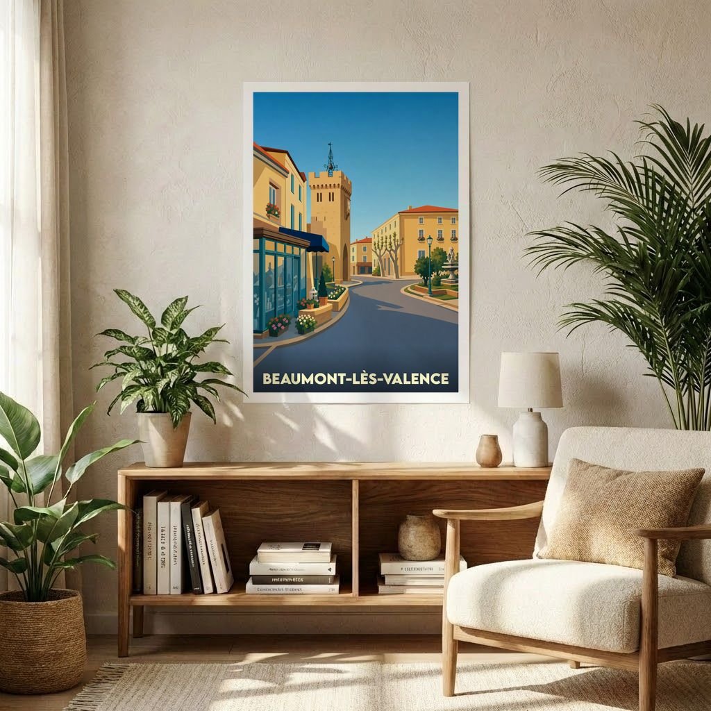Affiche souvenir de la ville de Beaumont-lès-Valence avec une illustration stylisée.