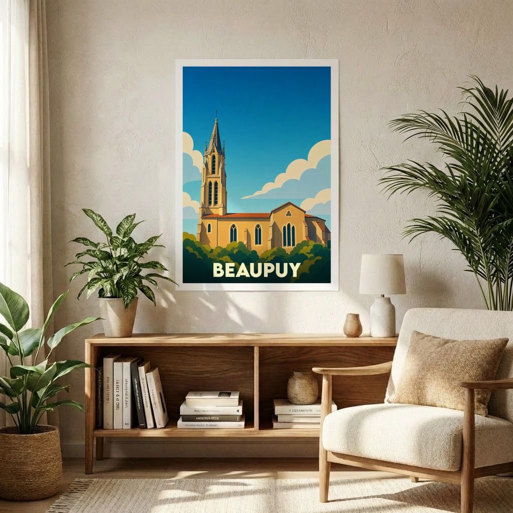 Affiche souvenir de la ville de Beaupuy représentant son église dans un style graphique épuré.