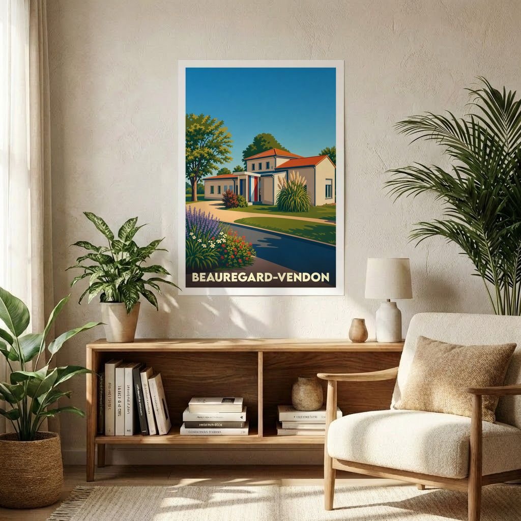 Affiche souvenir de la ville de Beauregard-Vendon représentant une villa sous un ciel bleu dans un style graphique épuré.