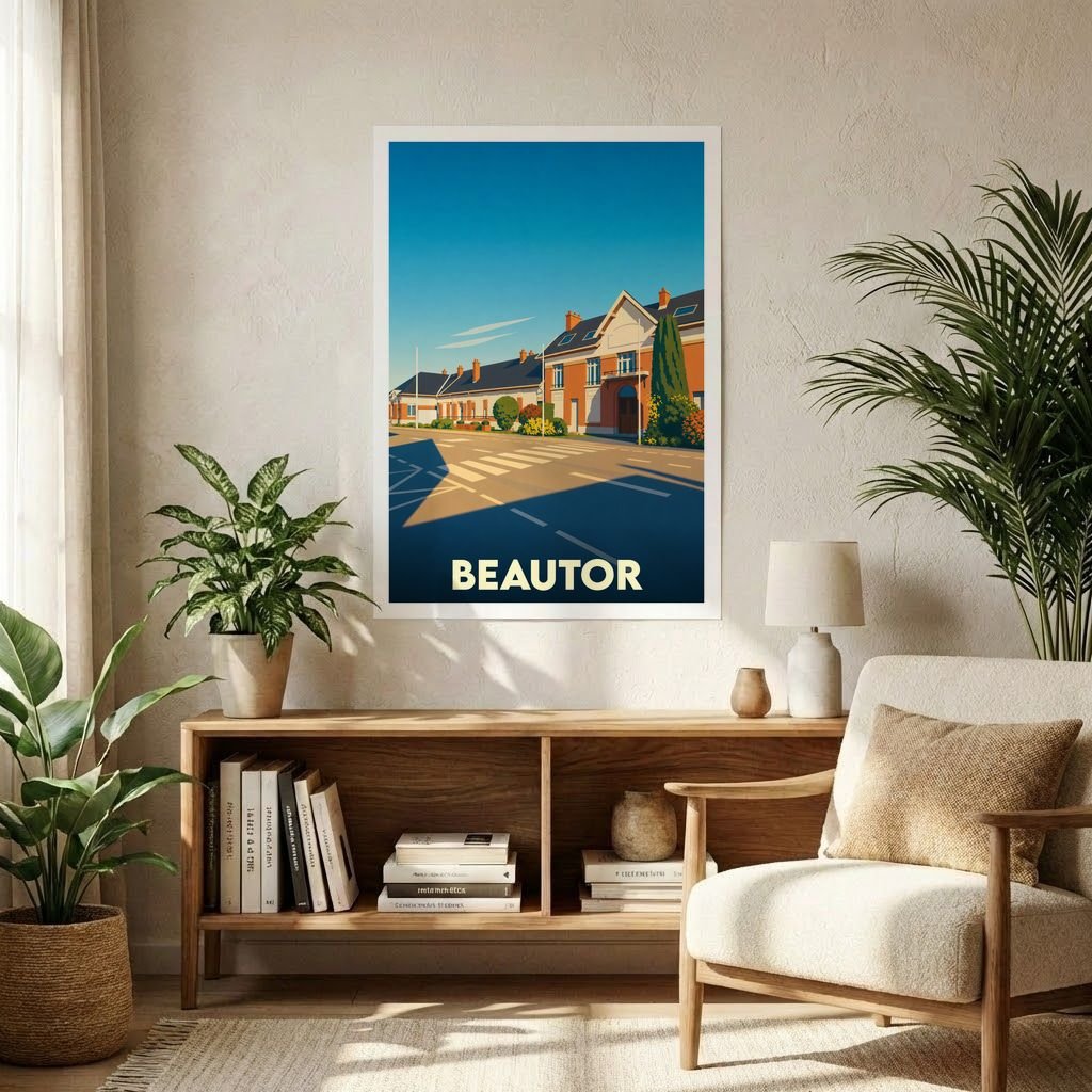 Affiche souvenir de la ville de Beautor avec une illustration stylisée.