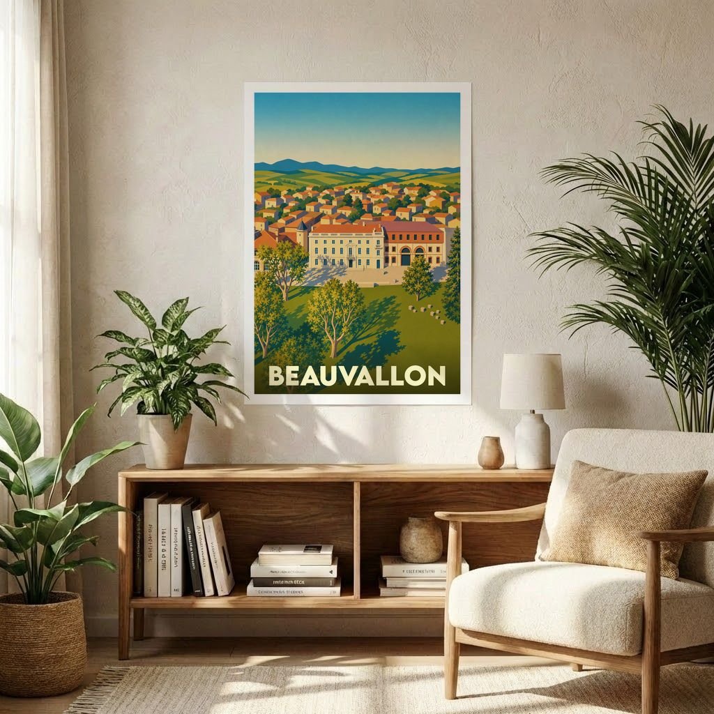 Affiche souvenir de la ville de Beauvallon représentant une vue panoramique illustrée dans un style vintage.