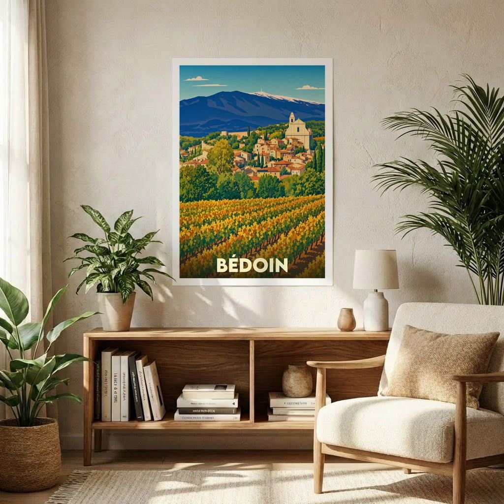 Affiche souvenir de la ville de Bédoin avec une illustration stylisée des vignobles et du mont Ventoux.