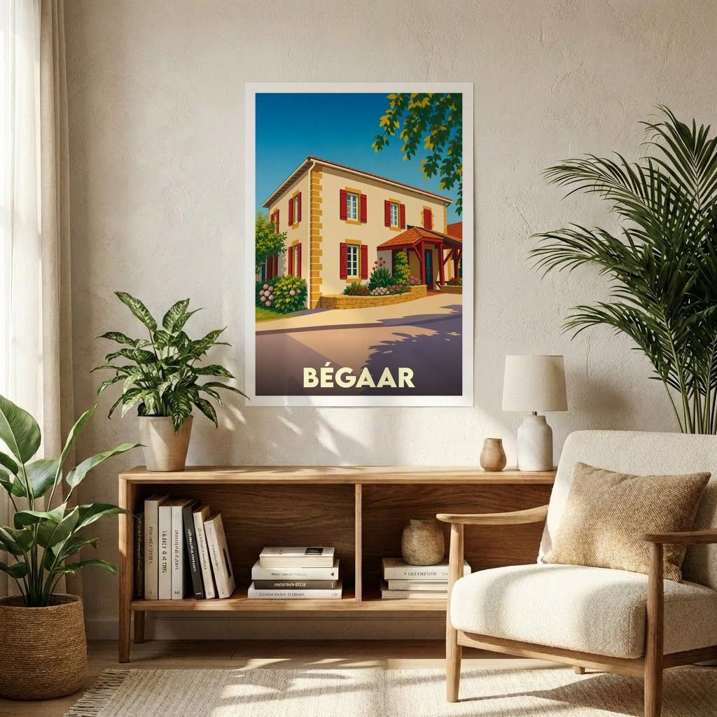 Affiche souvenir de la ville de Bégaar illustrant une maison landaise typique sous un ciel bleu.