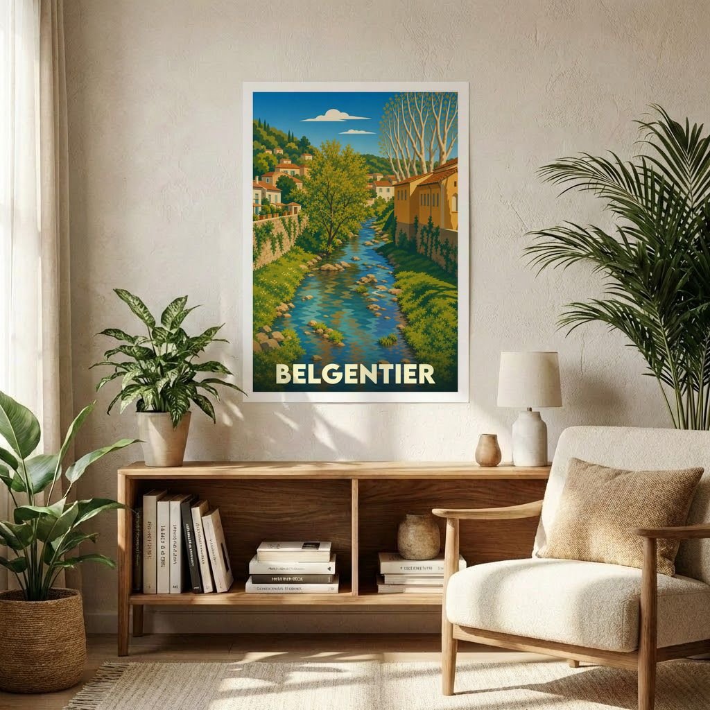Affiche souvenir de la ville de Belgentier avec une illustration stylisée d'une rivière traversant le village.
