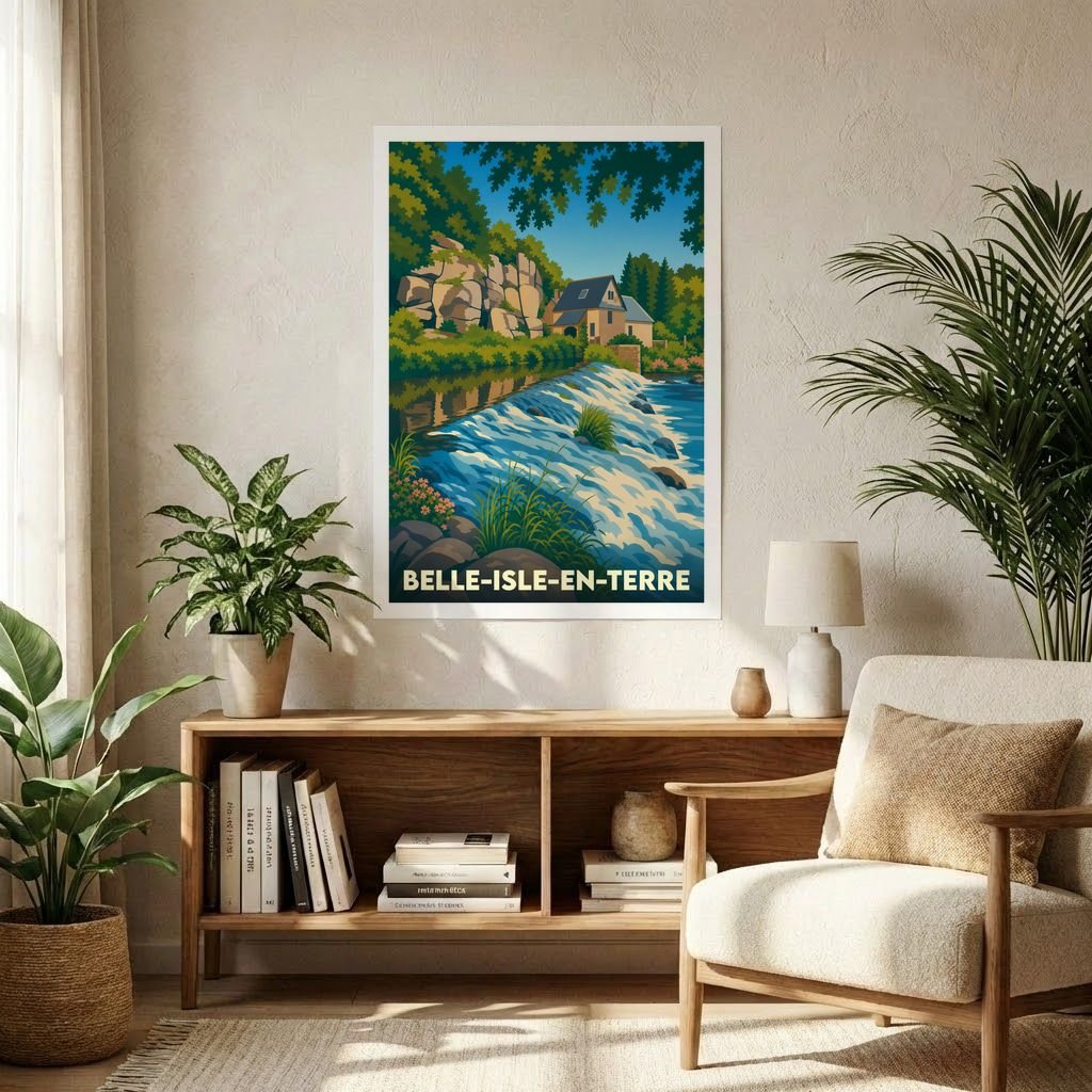 Affiche souvenir de la ville de Belle-Isle-en-Terre illustrant un paysage fluvial pittoresque de style rétro.