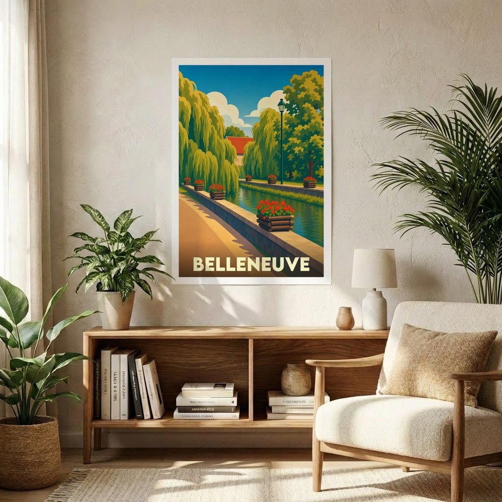 Affiche souvenir de la ville de Belleneuve présentant une illustration stylisée d'un canal bordé de saules pleureurs.