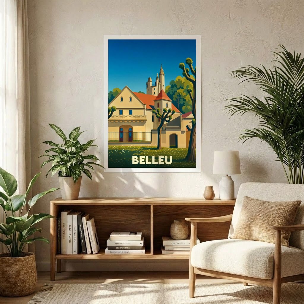 Affiche souvenir de la ville de Belleu représentant une illustration stylisée d'un château sous un ciel bleu.