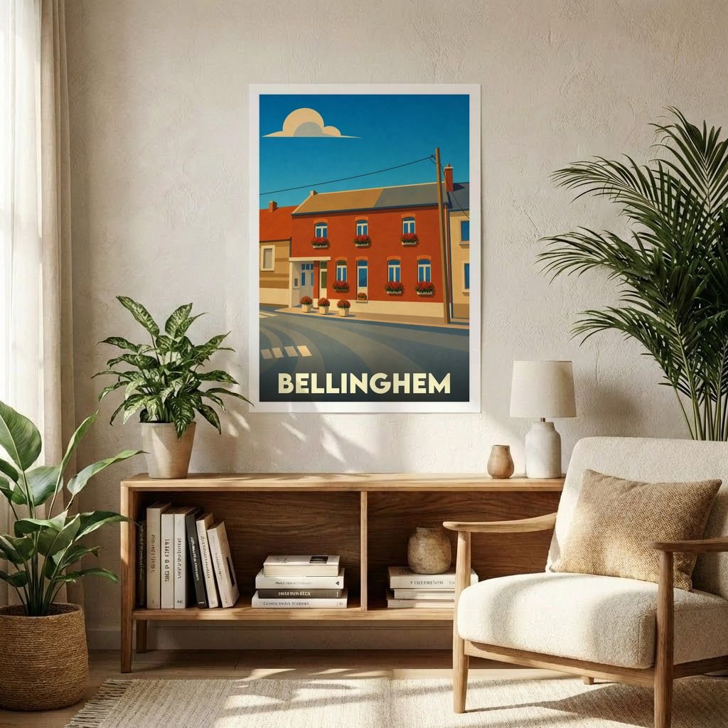 Affiche souvenir de la ville de Bellinghem avec une illustration stylisée d'une rue typique.