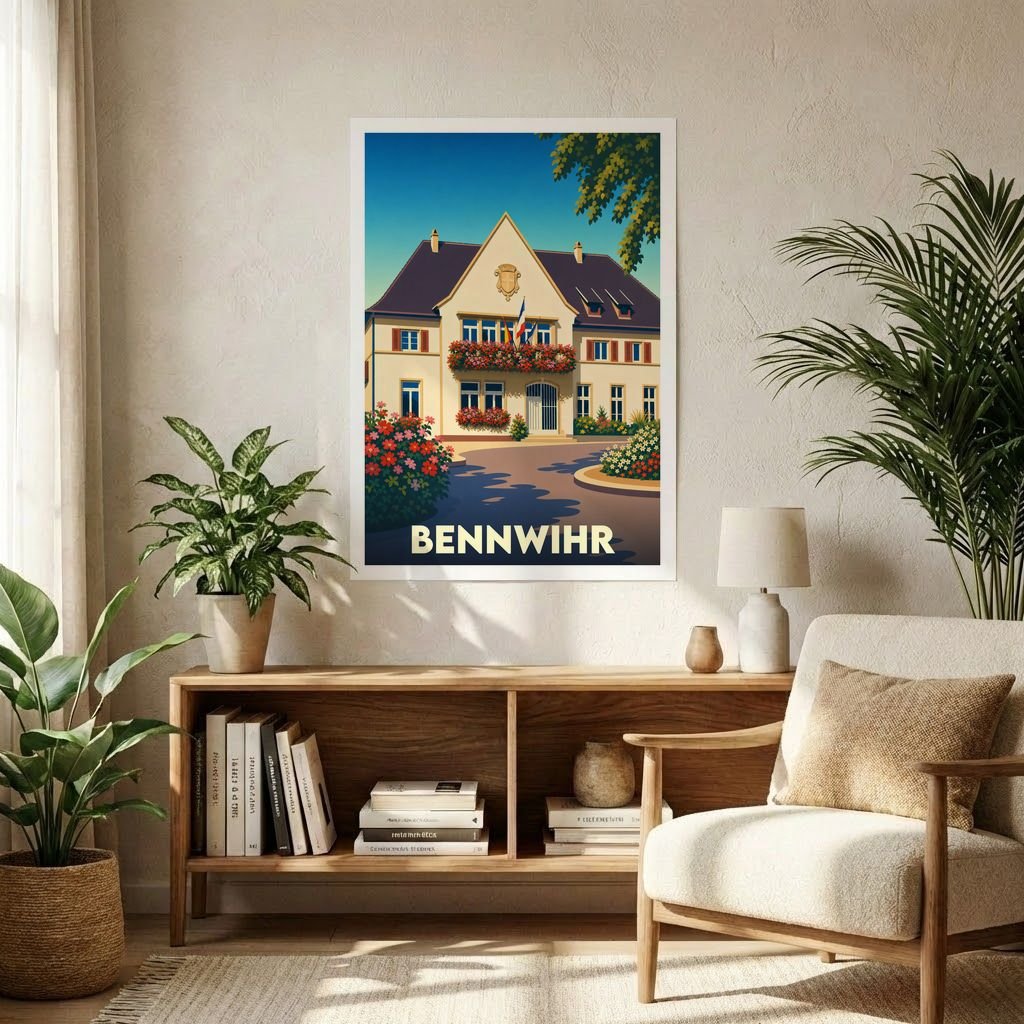 Affiche souvenir de la ville de Bennwihr avec une illustration stylisée d'un bâtiment traditionnel fleuri.