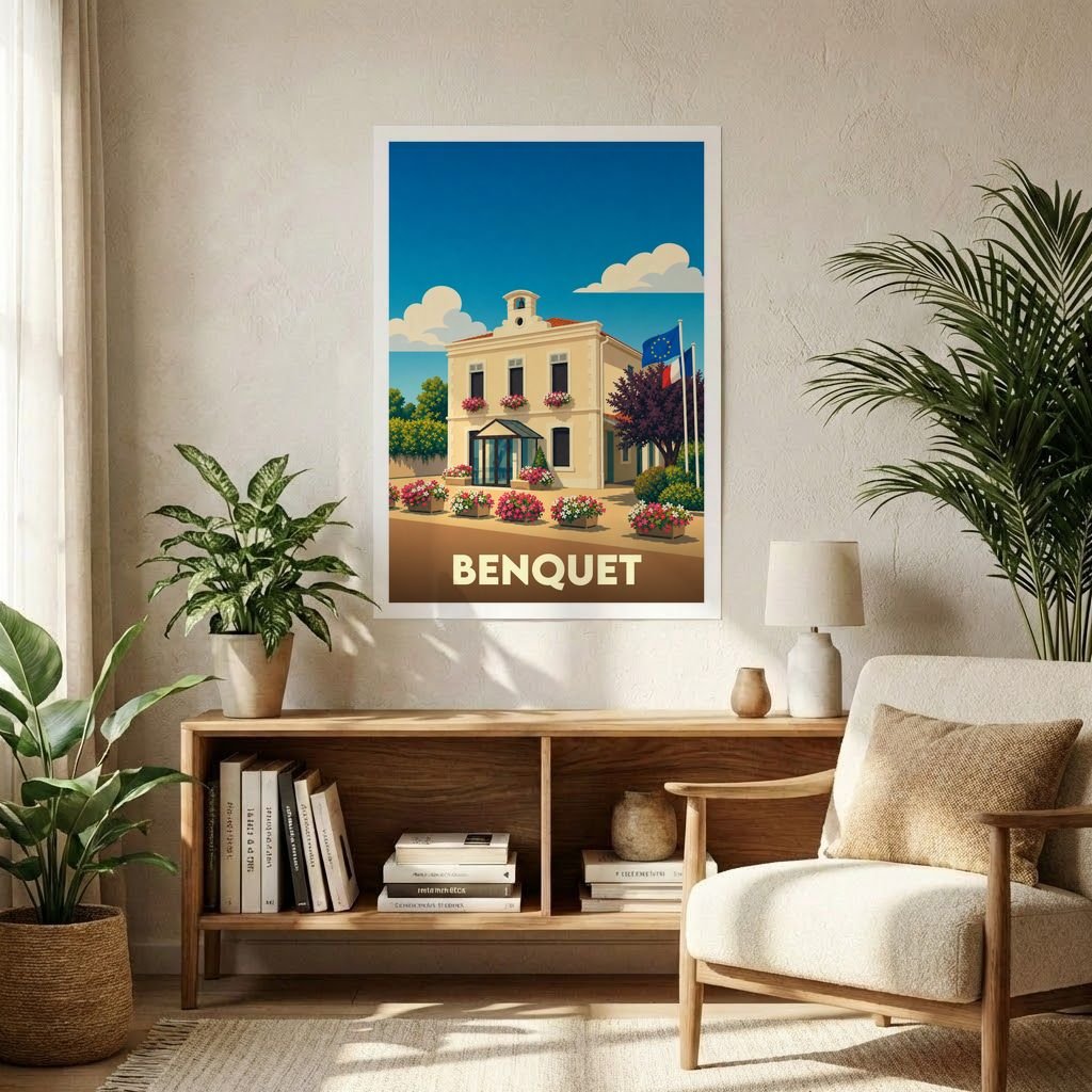 Affiche souvenir de la ville de Benquet avec une illustration stylisée de sa mairie.