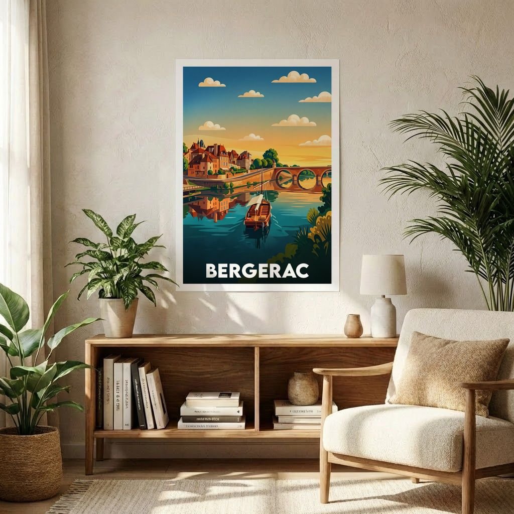Affiche souvenir de la ville de Bergerac avec une illustration stylisée d'un paysage fluvial au coucher du soleil.