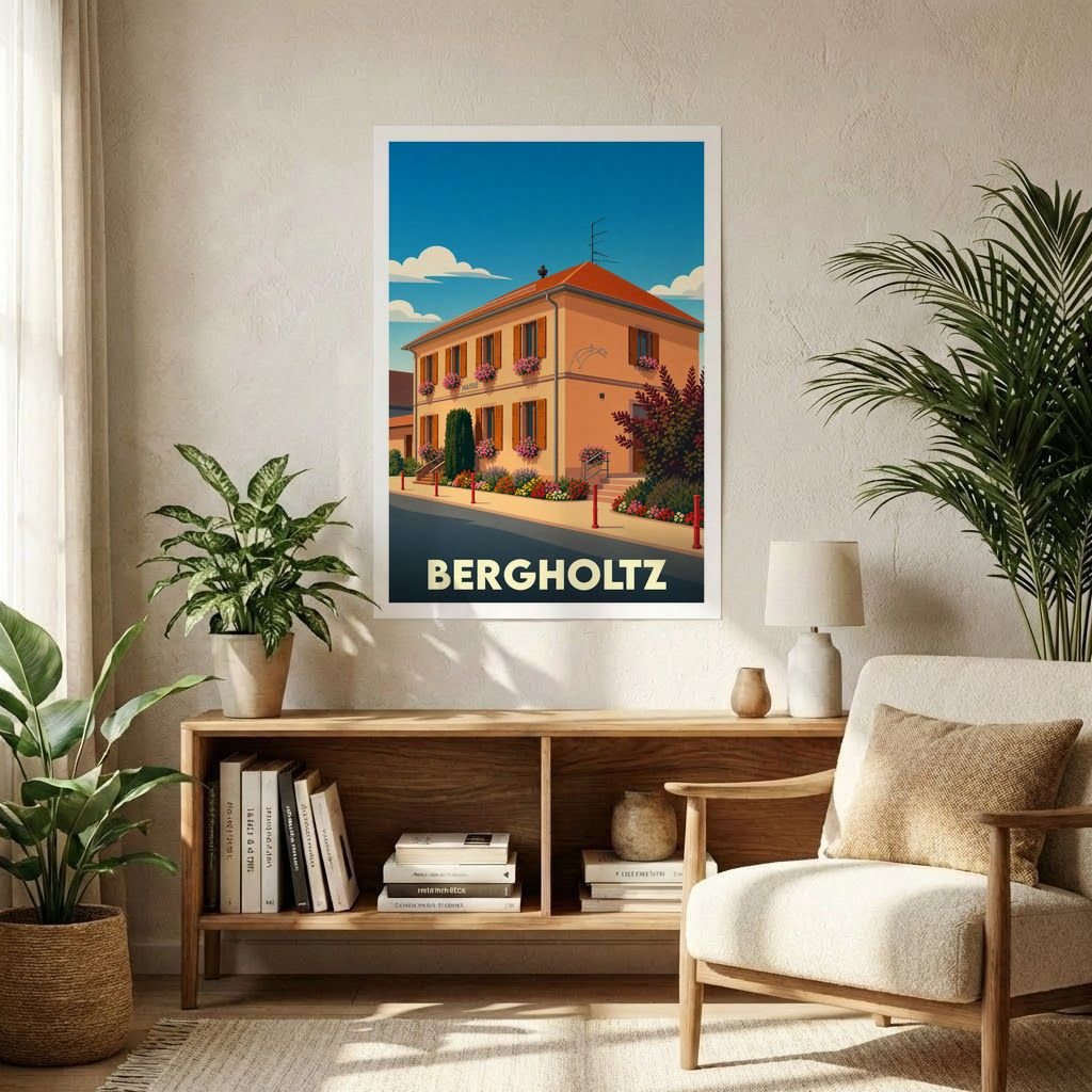 Affiche souvenir de la ville de Bergholtz avec une illustration stylisée d'un bâtiment fleuri typique.