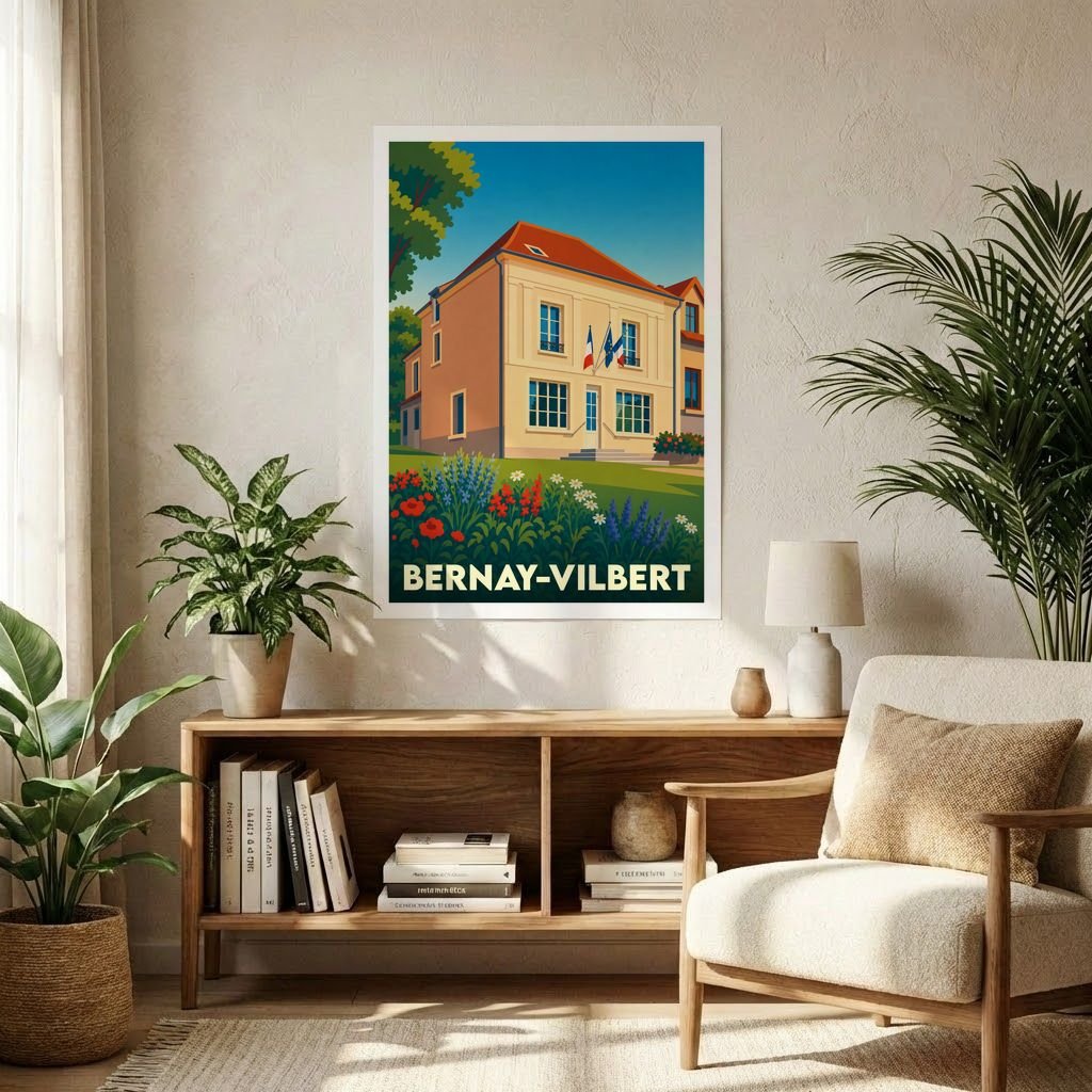 Affiche souvenir de la ville de Bernay-Vilbert avec une illustration stylisée de sa mairie fleurie.