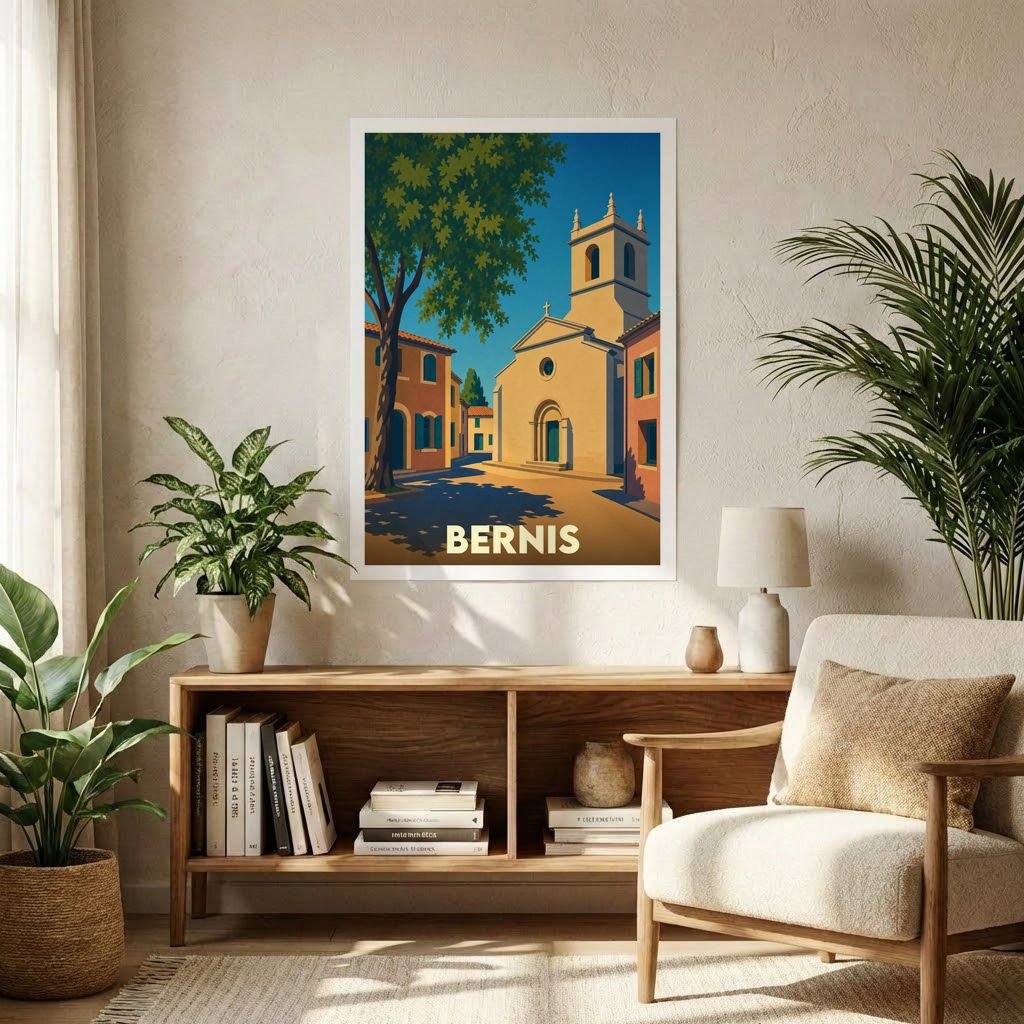 Affiche souvenir de la ville de Bernis avec une illustration stylisée d'une place ensoleillée et de son église.