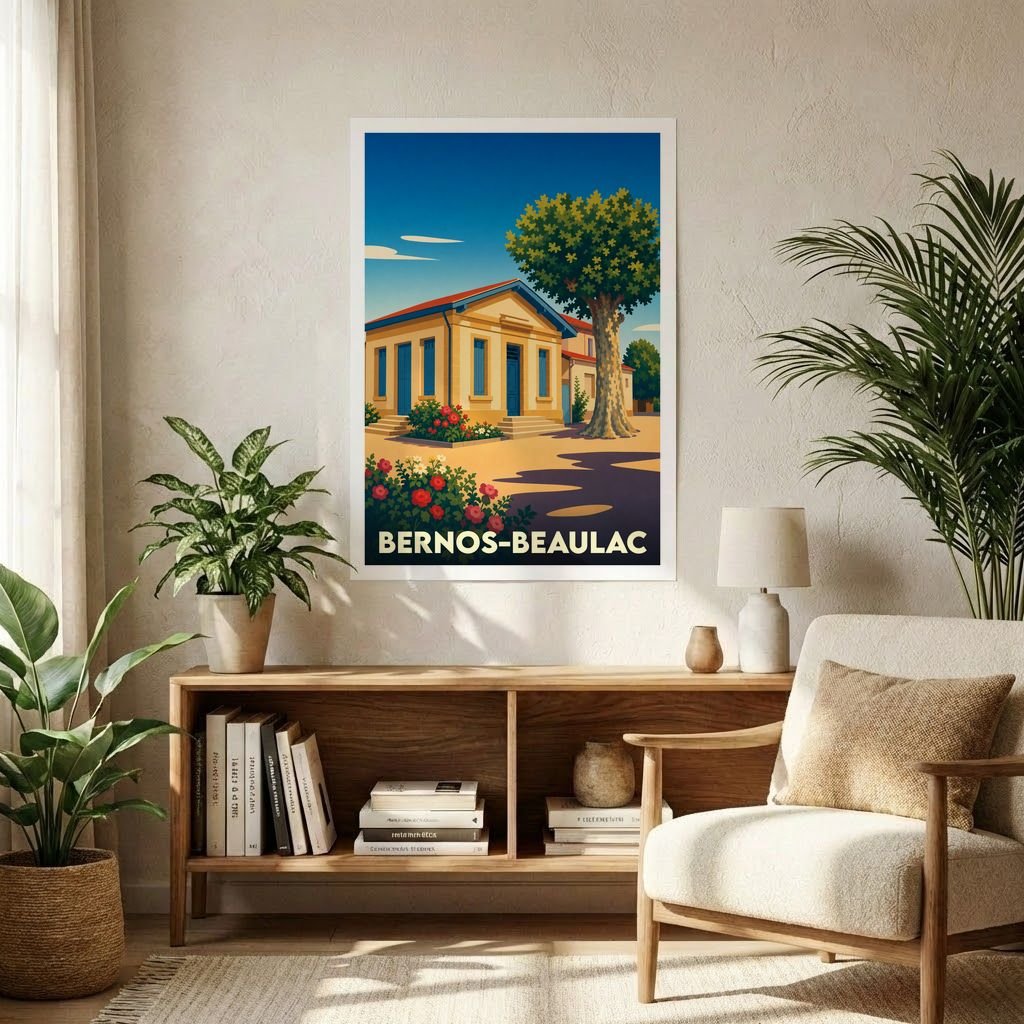 Affiche souvenir de la ville de Bernos-Beaulac avec une illustration stylisée et colorée.