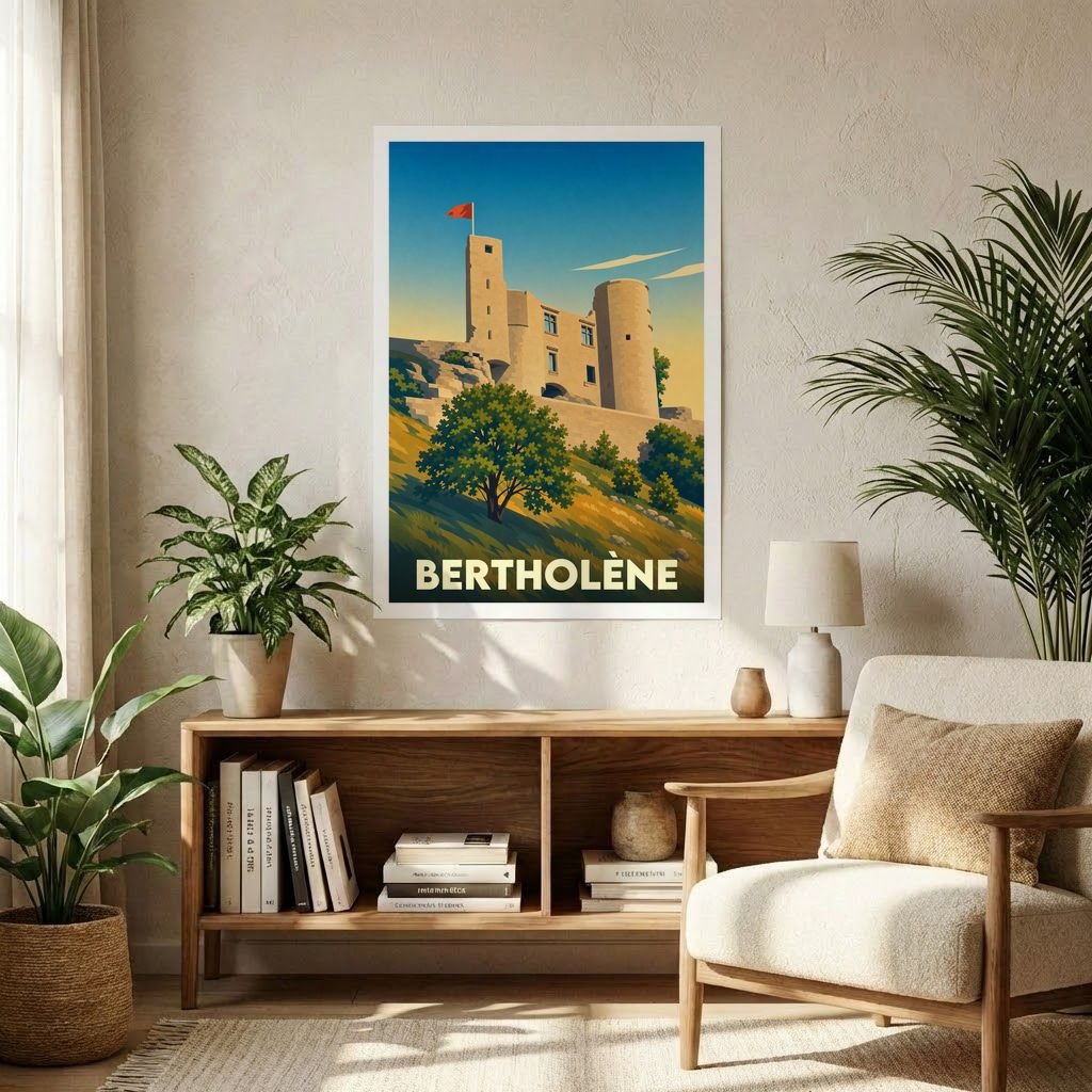 Affiche souvenir de la ville de Bertholène avec une illustration stylisée de son château.