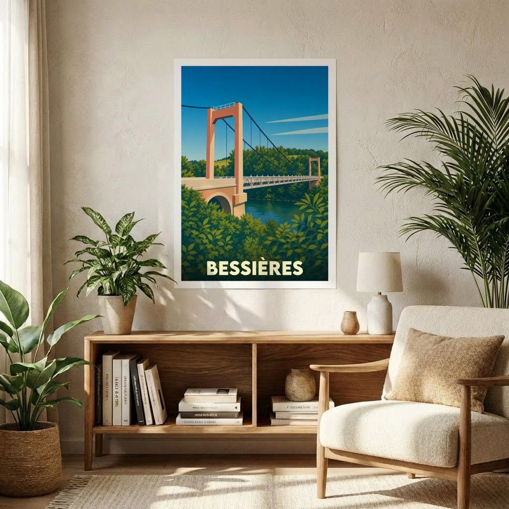 Affiche souvenir de la ville de Bessières représentant son pont suspendu dans un style graphique rétro.