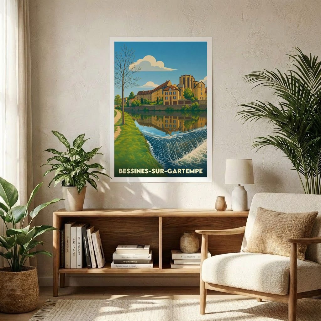 Affiche souvenir de la ville de Bessines-sur-Gartempe avec une illustration stylisée d'un paysage fluvial.