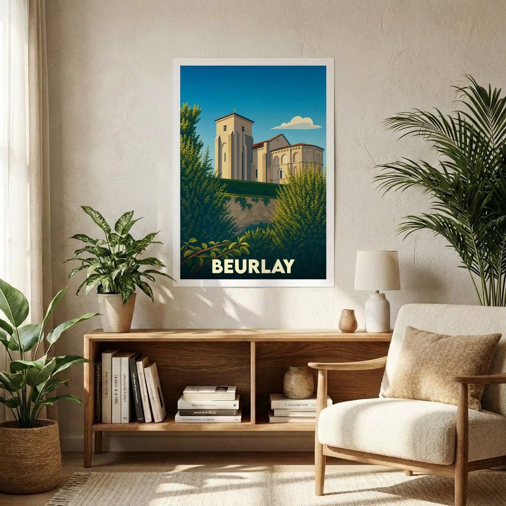 Affiche souvenir de la ville de Beurlay avec une illustration stylisée d'une église surplombant la végétation.