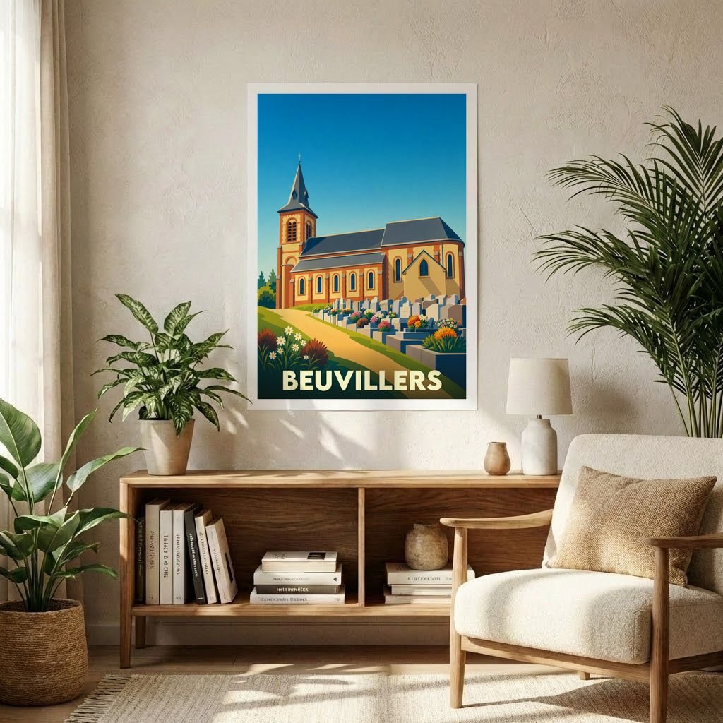 Affiche souvenir de la ville de Beuvillers avec une illustration stylisée de son église et de son cimetière fleuri.