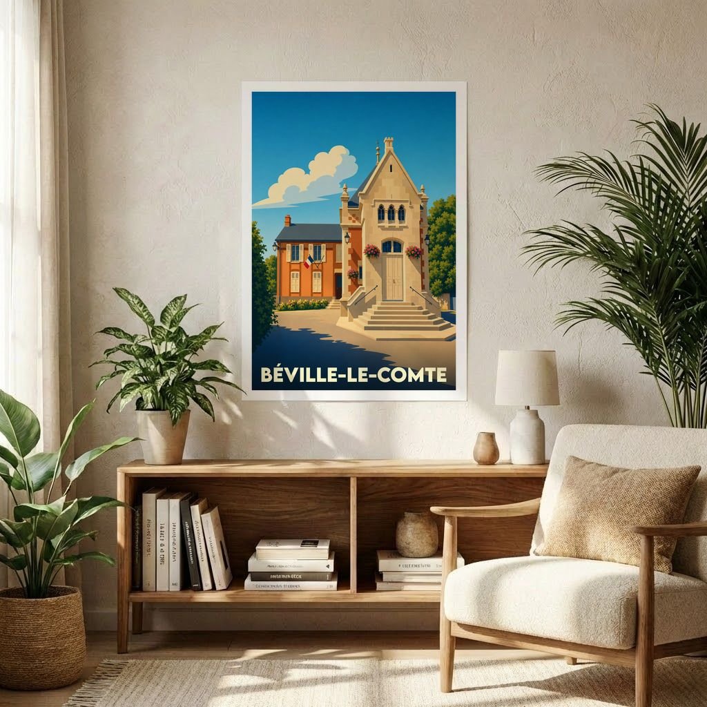 Affiche souvenir de la ville de Béville-le-Comte représentant son hôtel de ville dans un style rétro.
