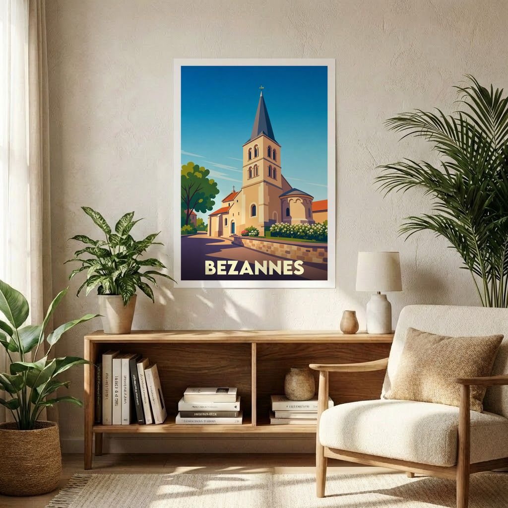 Affiche souvenir de la ville de Bezannes avec une illustration stylisée de son église.