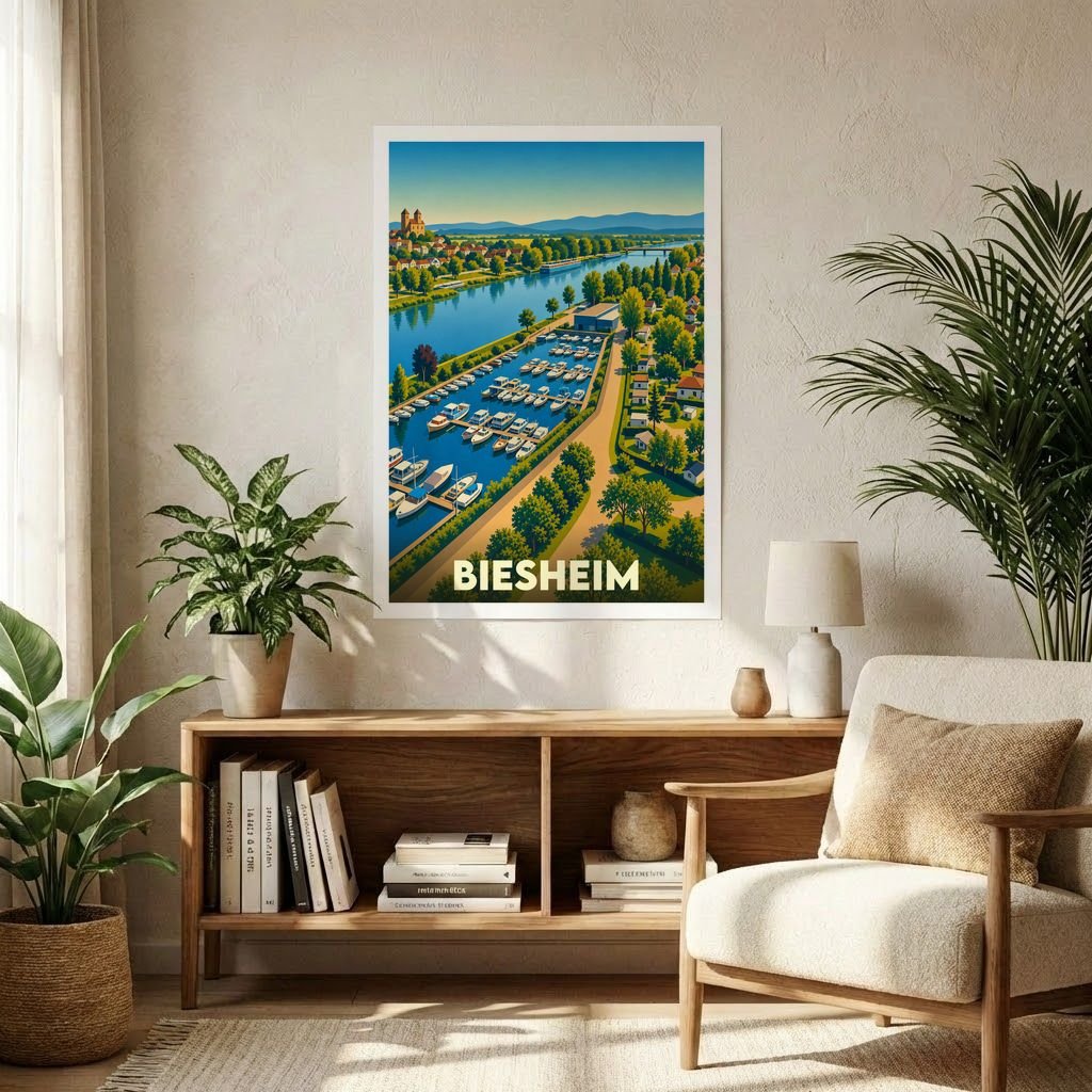 Affiche souvenir de la ville de Biesheim avec une illustration stylisée d'un port de plaisance.