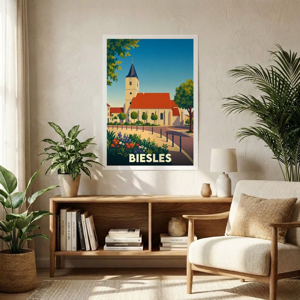Affiche souvenir de la ville de Biesles avec une illustration stylisée d'une église sous un ciel bleu.