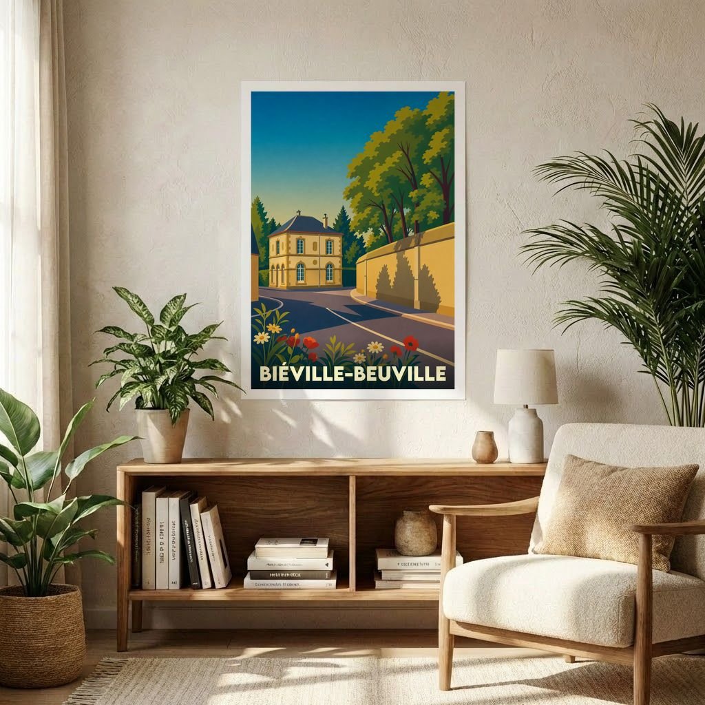 Affiche souvenir de la ville de Biéville-Beuville avec une illustration stylisée et colorée.